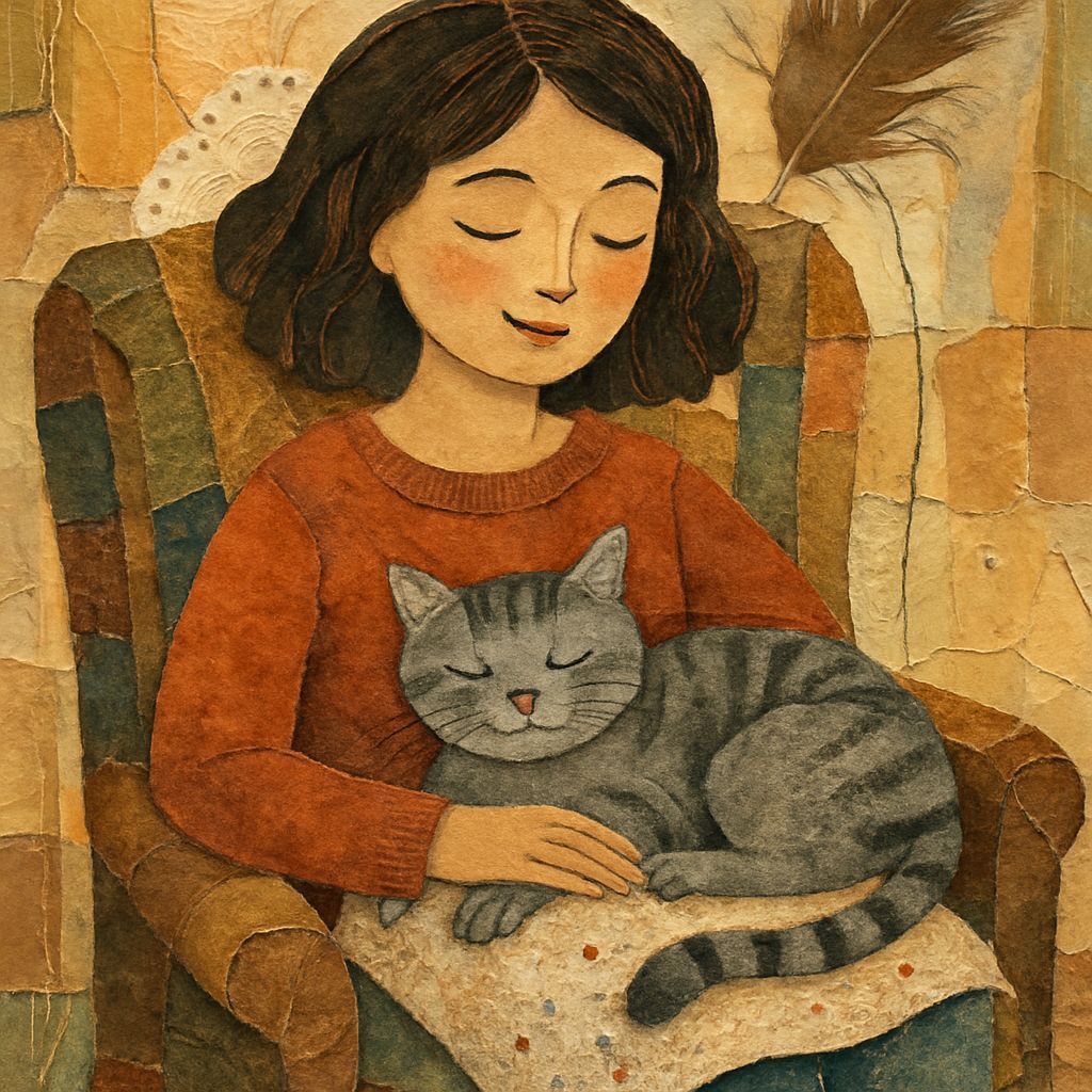 Mixed Media Collage of Woman and Cat in Cozy Chair