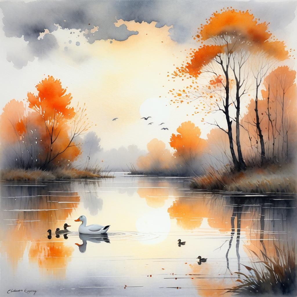 Autumn morning scene with ducks