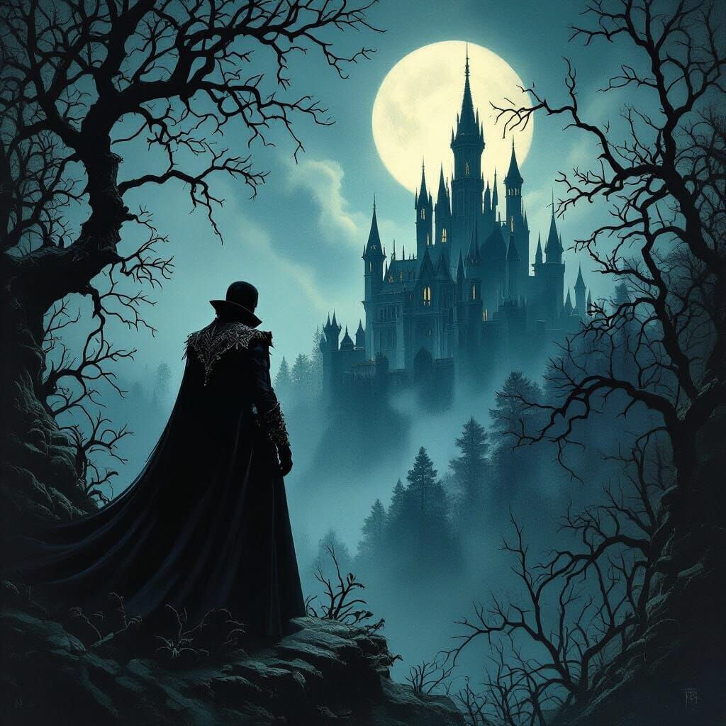 Victorian Vampire in Ancient Forest at Midnight