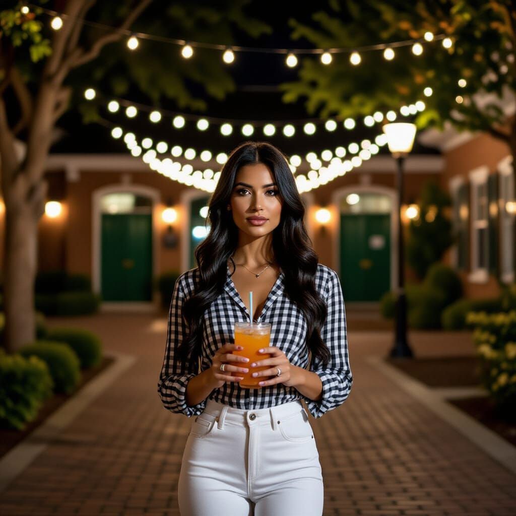Woman in Checkered Blouse on Brick Path at Night