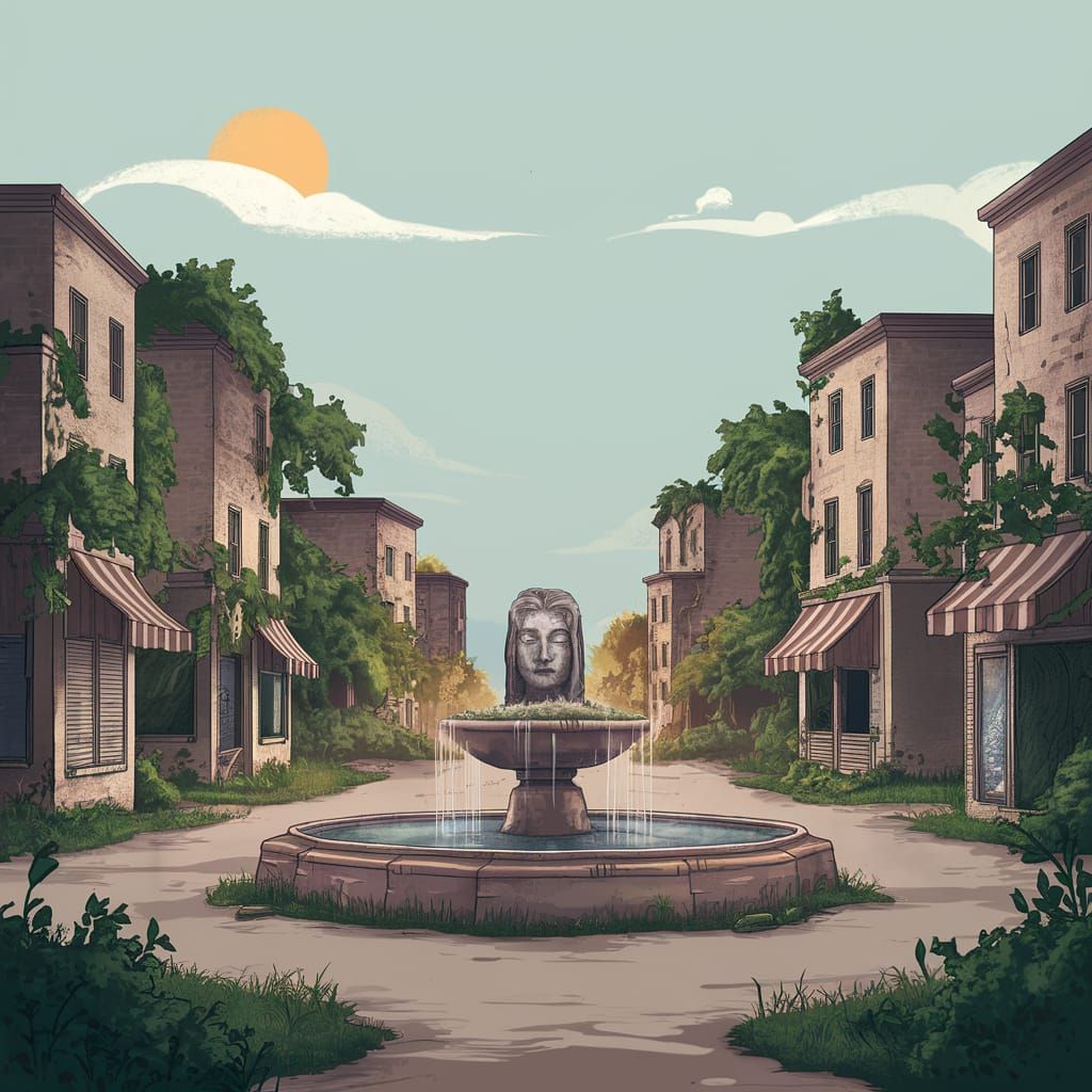 Surreal Abandoned Town with Fountain Statue