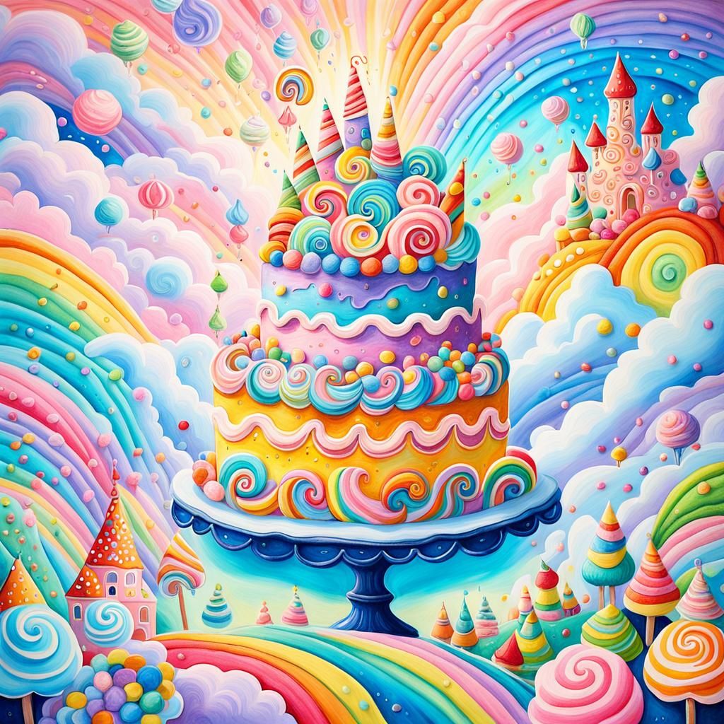 Delicious Cake in Candyland: Whimsical Gouache Painting