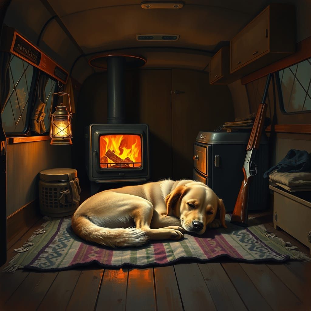 Cozy Vanlife Scene with Dog and Hunter's Rifle