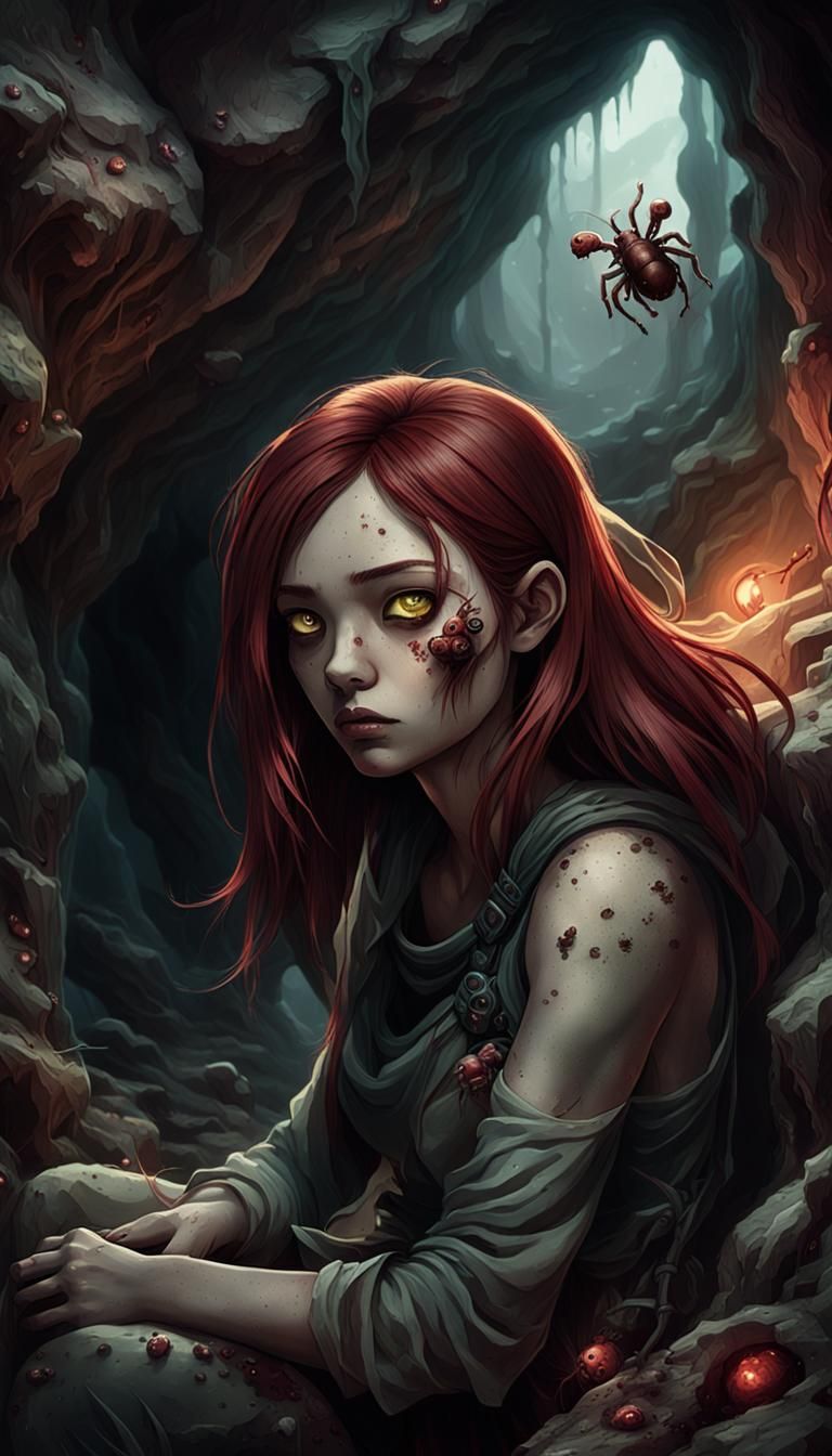 Dark Fantasy: Girl with Parasitic Creature in Cave