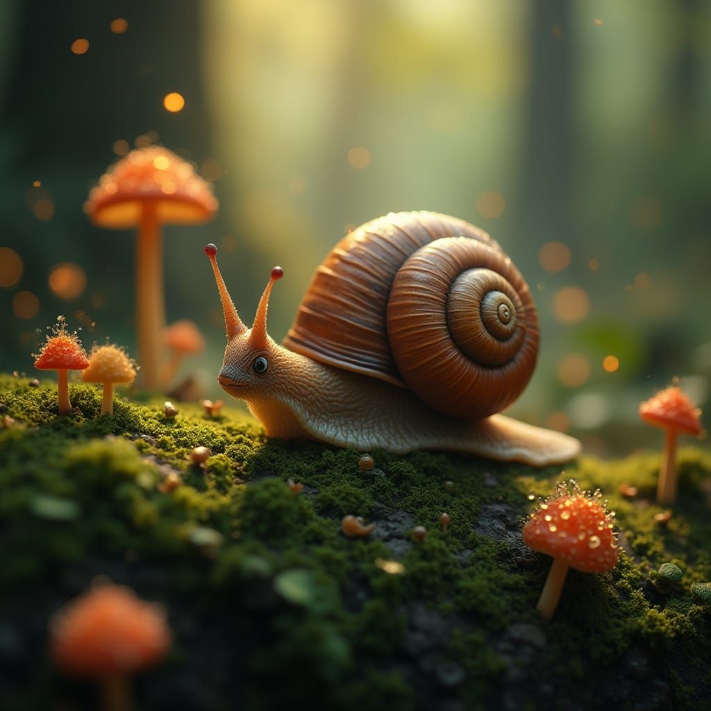 Whimsical Snail in Enchanted Woodland Scene