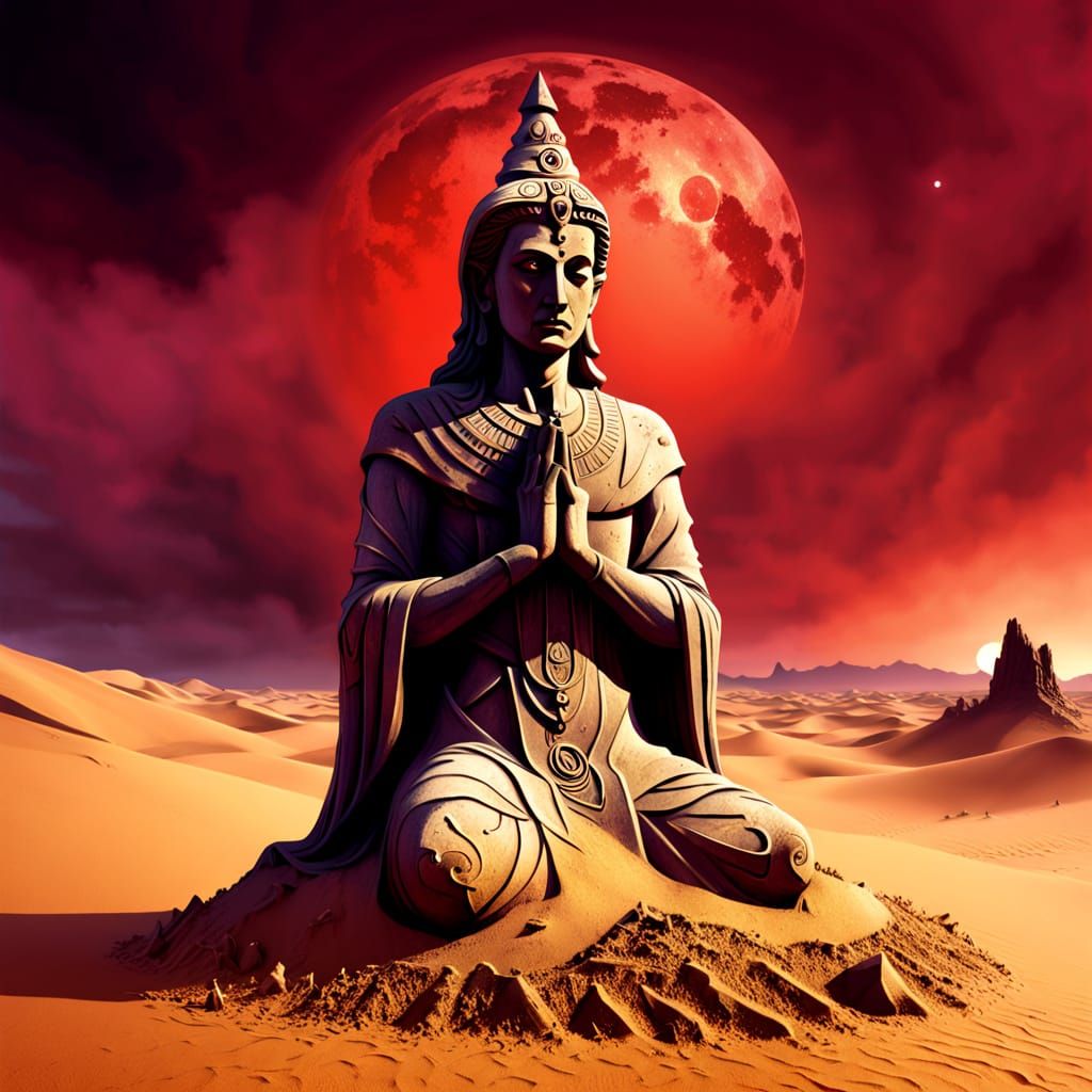 Surreal Stone Deity in Blood-Red Sky, Gothic Art
