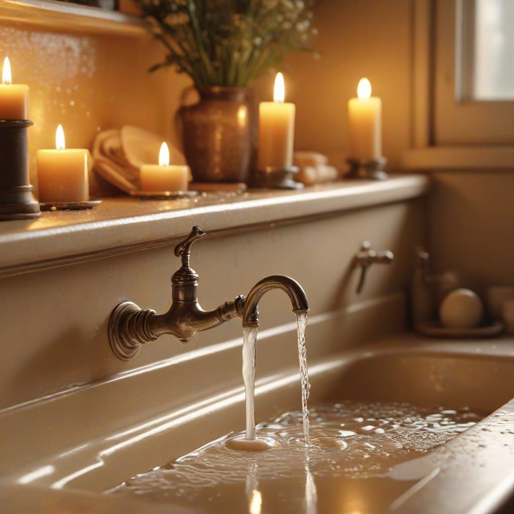 Warm Kitchen Scene with Candles and Soap Bubbles in Soft Foc...