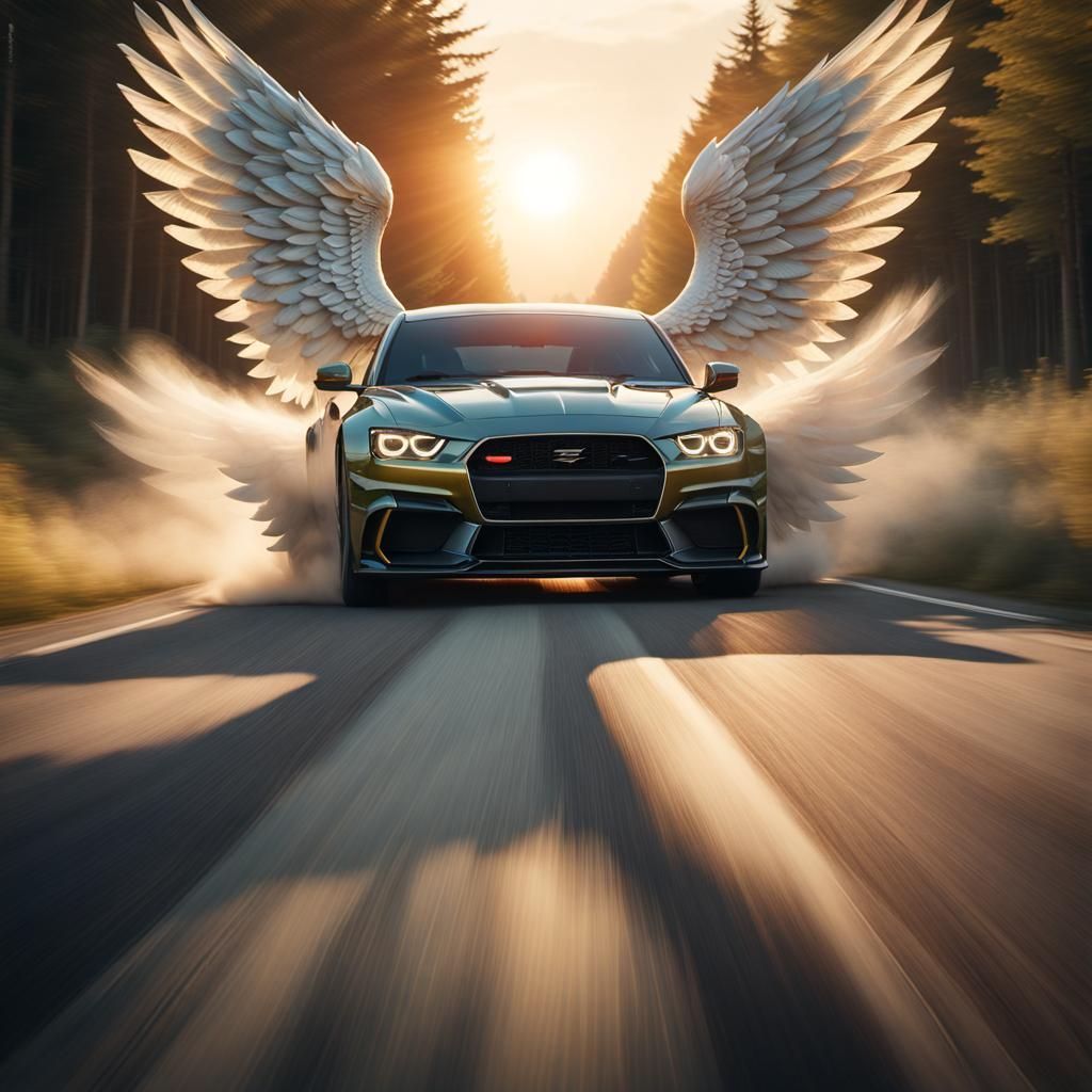 Winged Car Races Down Country Road at Sunrise