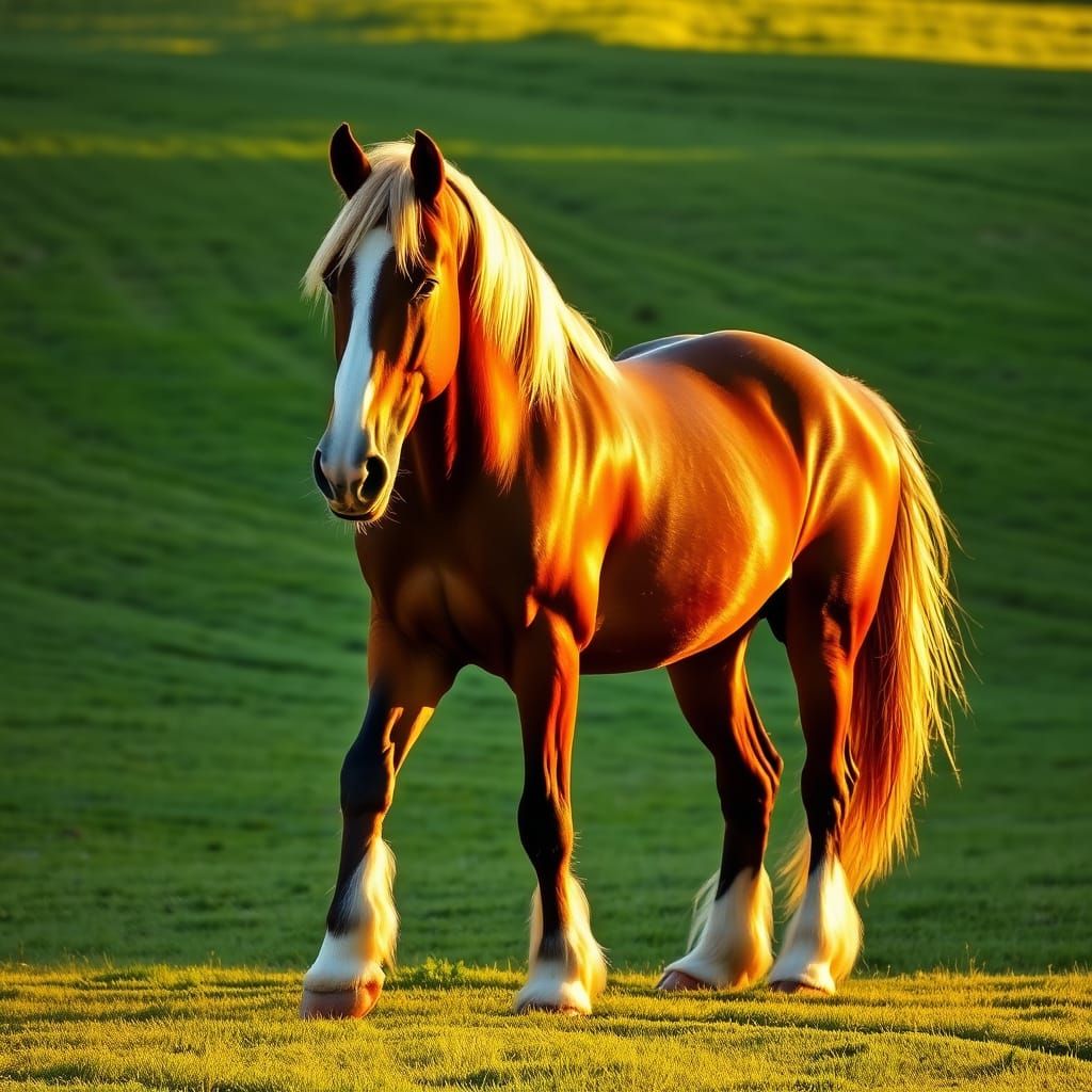 Majestic Clydesdale Horse in Golden Hour Oil Painting