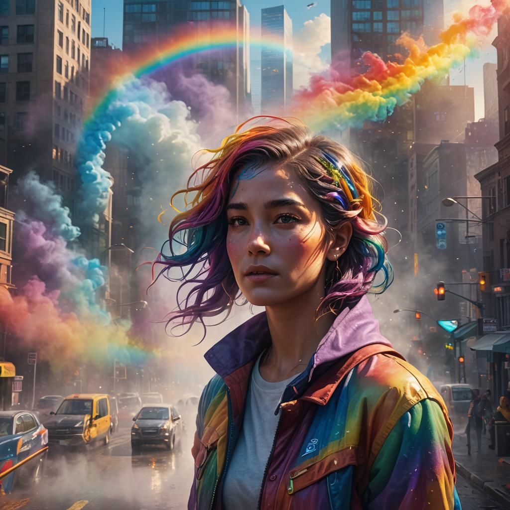 Rainbow Personification in a Vibrant Cityscape