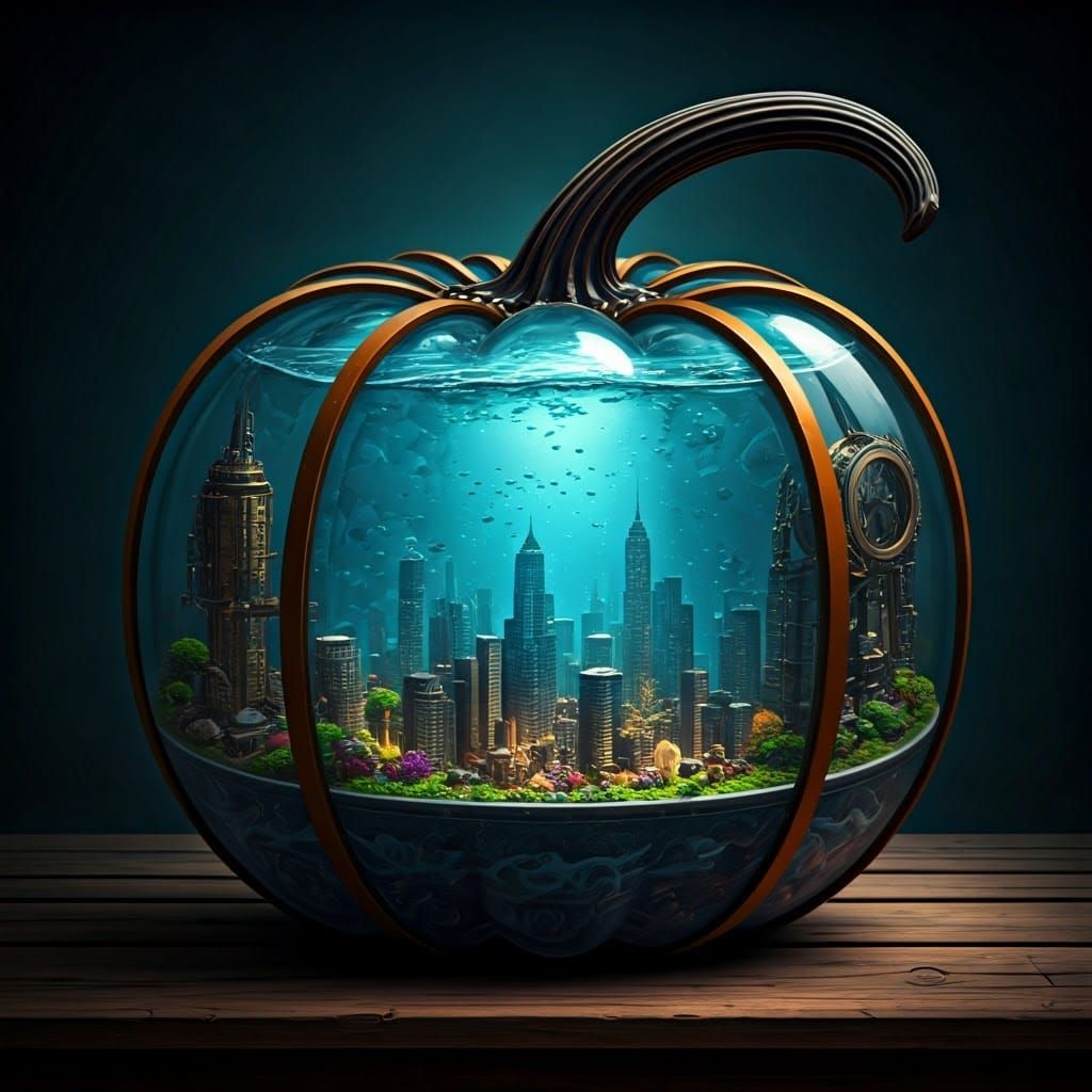 Steampunk Glass Pumpkin City Aquarium: Detailed Concept Art