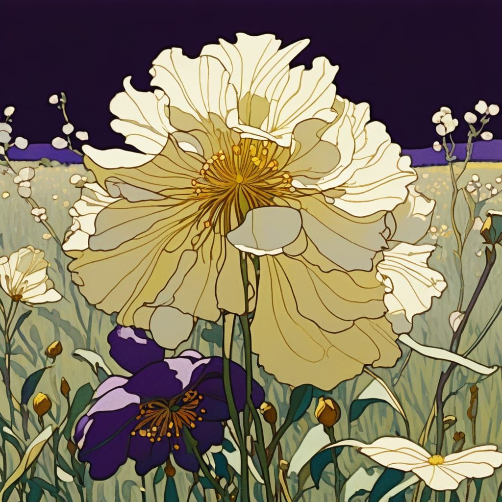 Plum Wildflower Art Nouveau Illustration in Golden Light