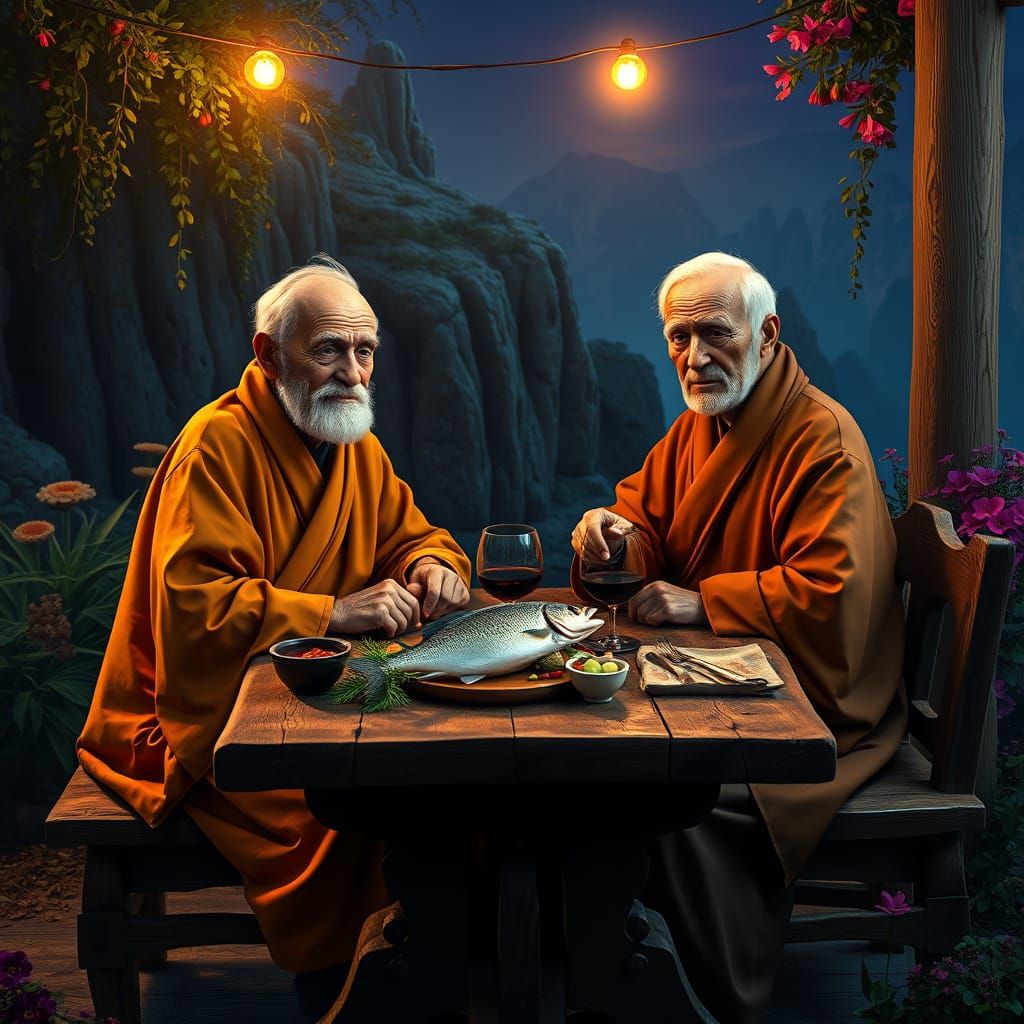 Ethereal Couple Savoring Fish Dinner in Dark Fantasy Landsca...