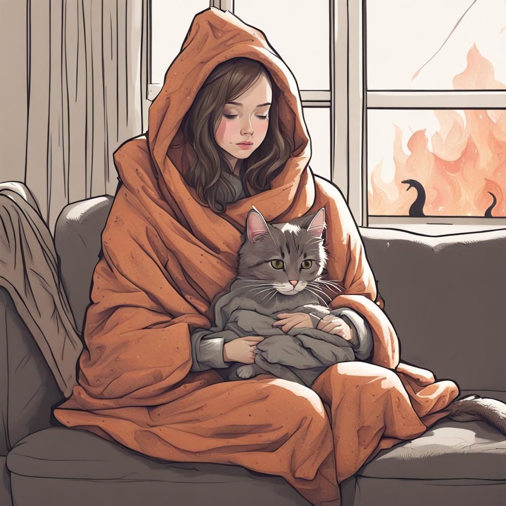 Girl and Cat Cozy by the Fire