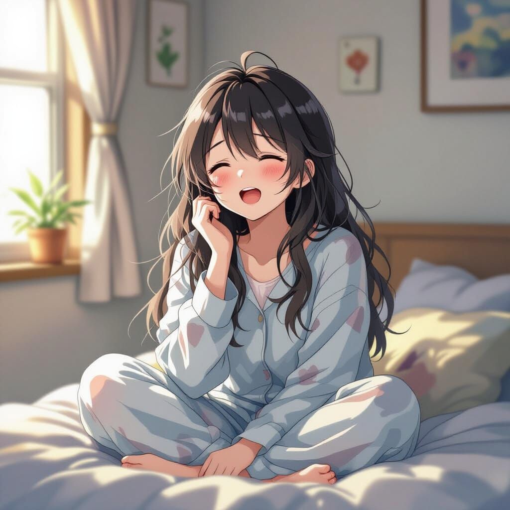 Anime Girl Yawning in Bedroom, Watercolor Style