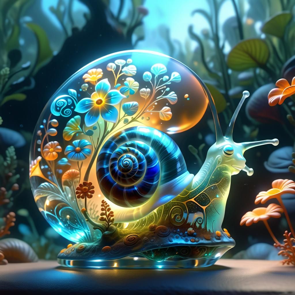 Bioluminescent Fractal Garden Inside Glass Snail Shell