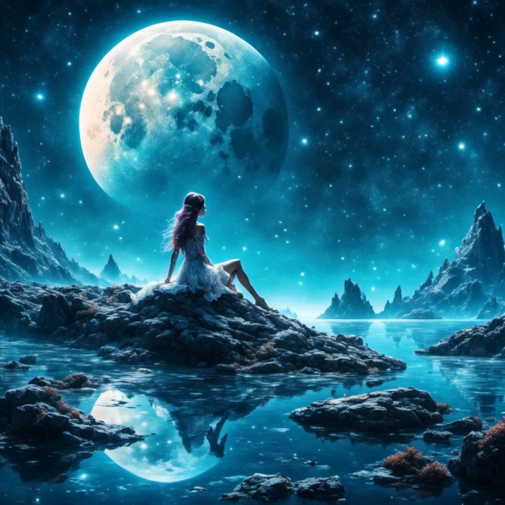 Woman Swimming with Moon and Stars