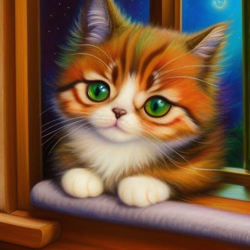 Cute Chibi Cat at Window, Detailed Oil Painting