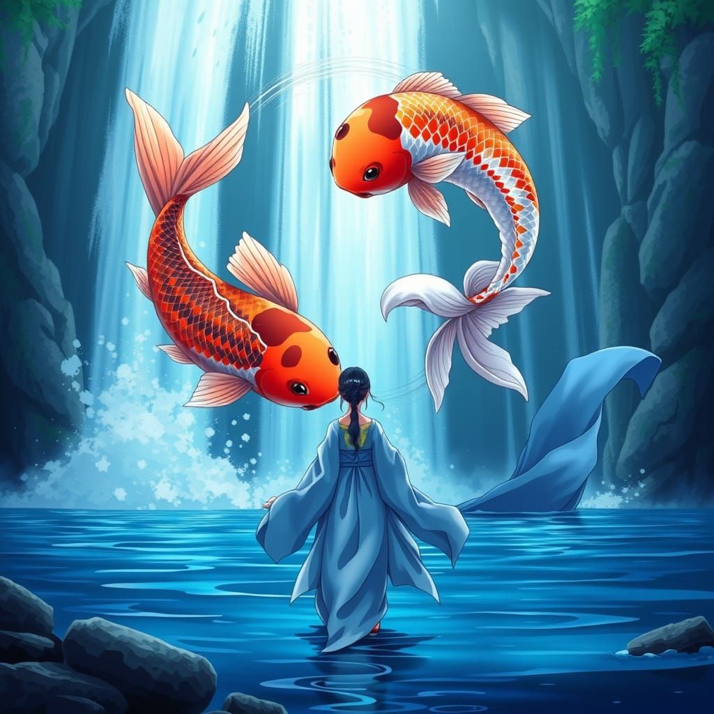 Koi Fish and Water Goddess in Anime Style