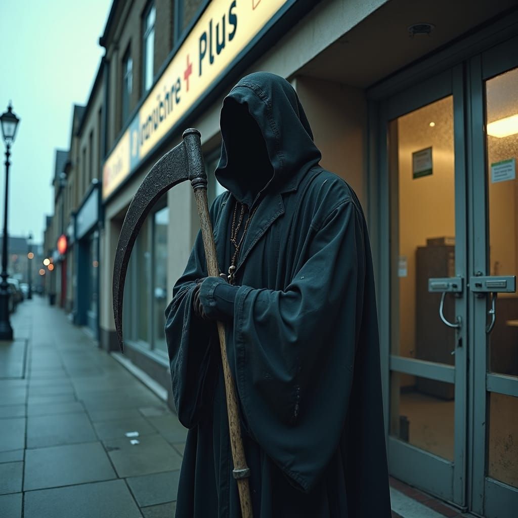 Grim Reaper at Jobcentre Plus: Dystopian Film Still