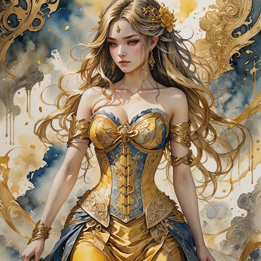 Anime Woman in Yellow Corset, Watercolor and 3D Render