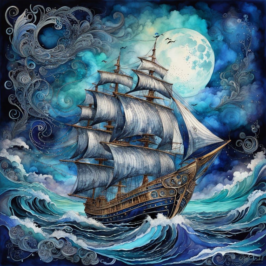 Fantasy Clipper Ship on Moonlit Tempest Sea in Blue and Silv...