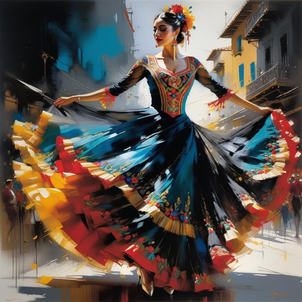 Elegant Spanish Dancer in Embroidered Dress