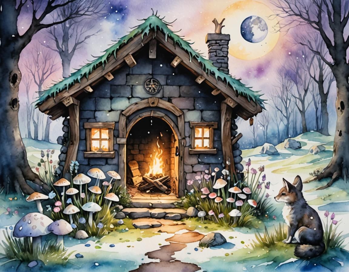 Cozy Pagan Cabin at Imbolc in Watercolor Style