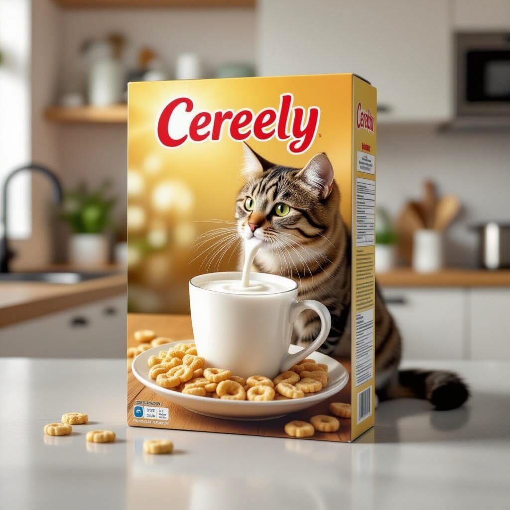 Photorealistic Cereal Box with Cat Drinking Milk
