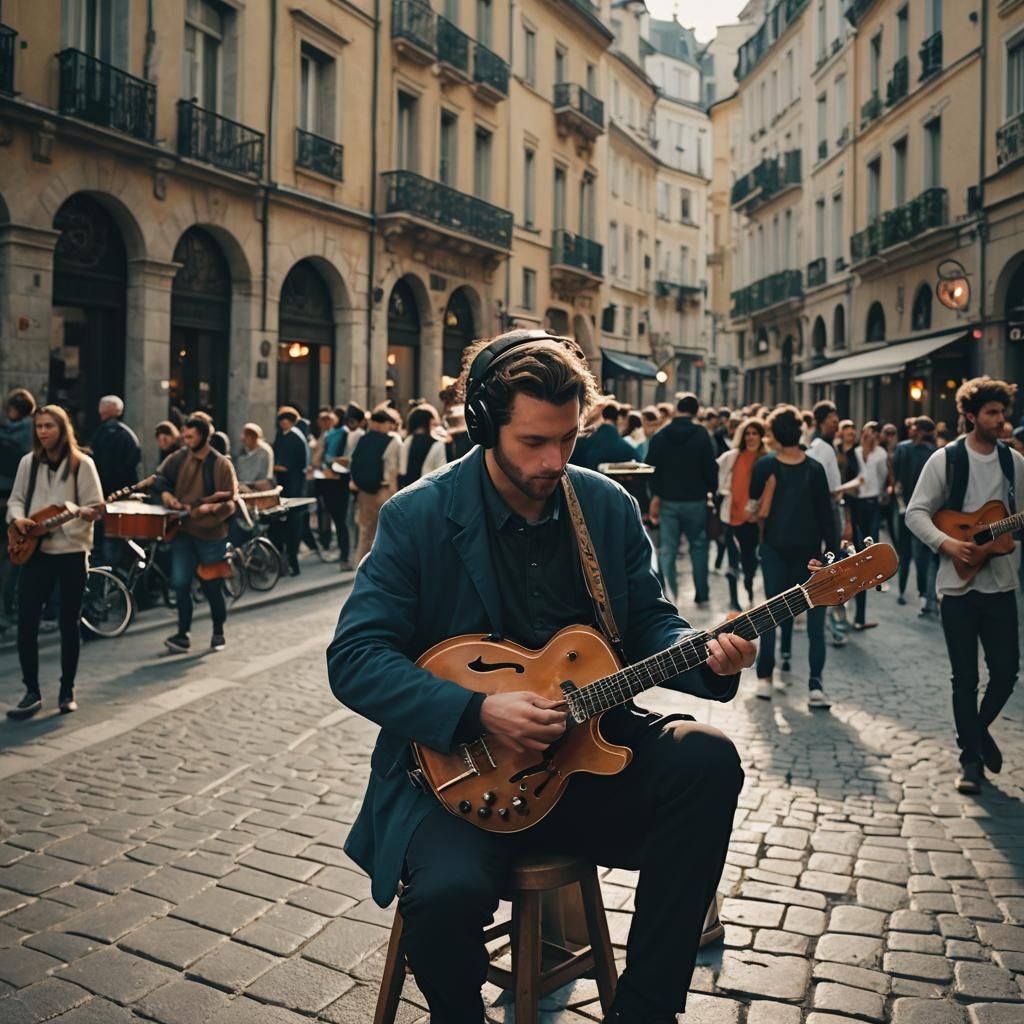 Musician Performing in a Vibrant City: Cinematic Film Still