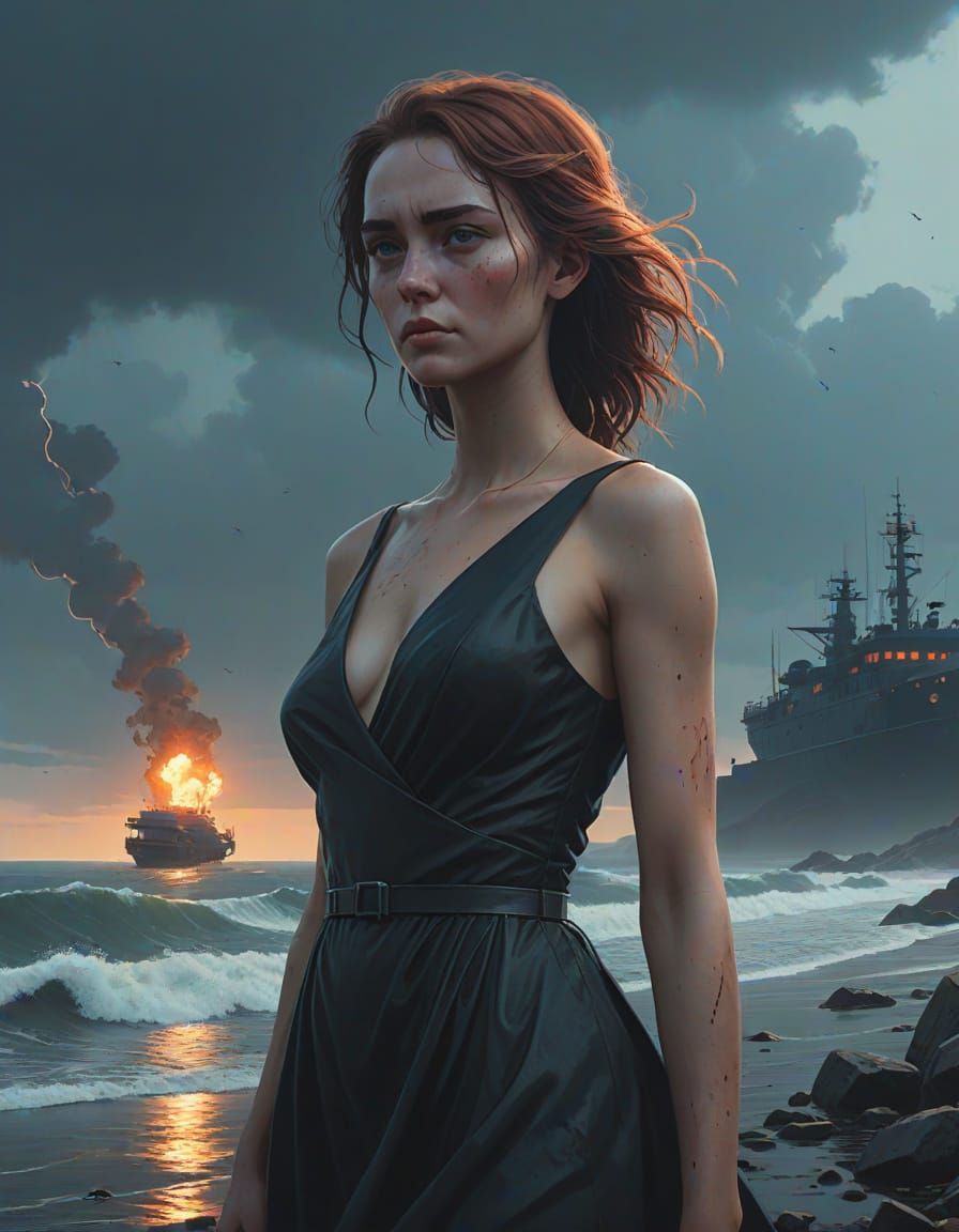 Glamorous Young Woman in Dramatic Grey Ocean Backdrop