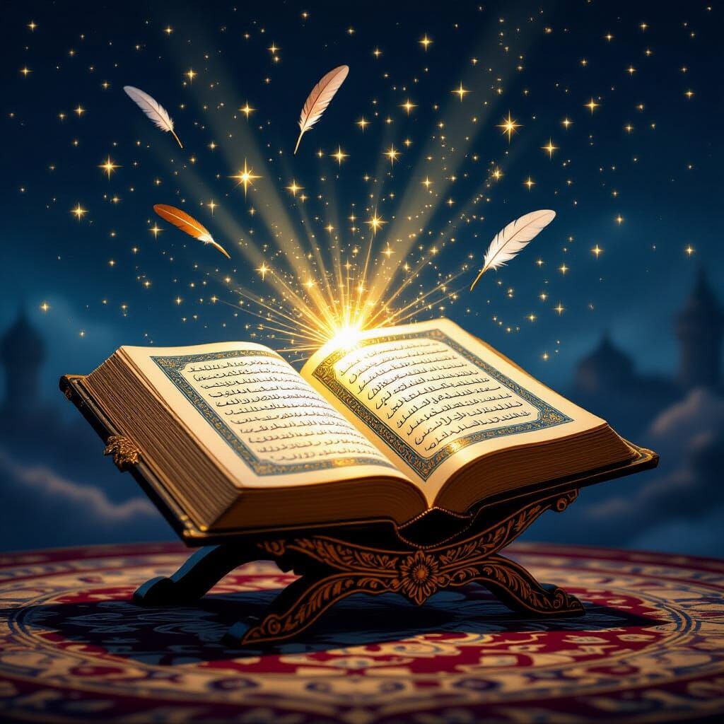 Glowing Quran on Rehal with Celestial Light