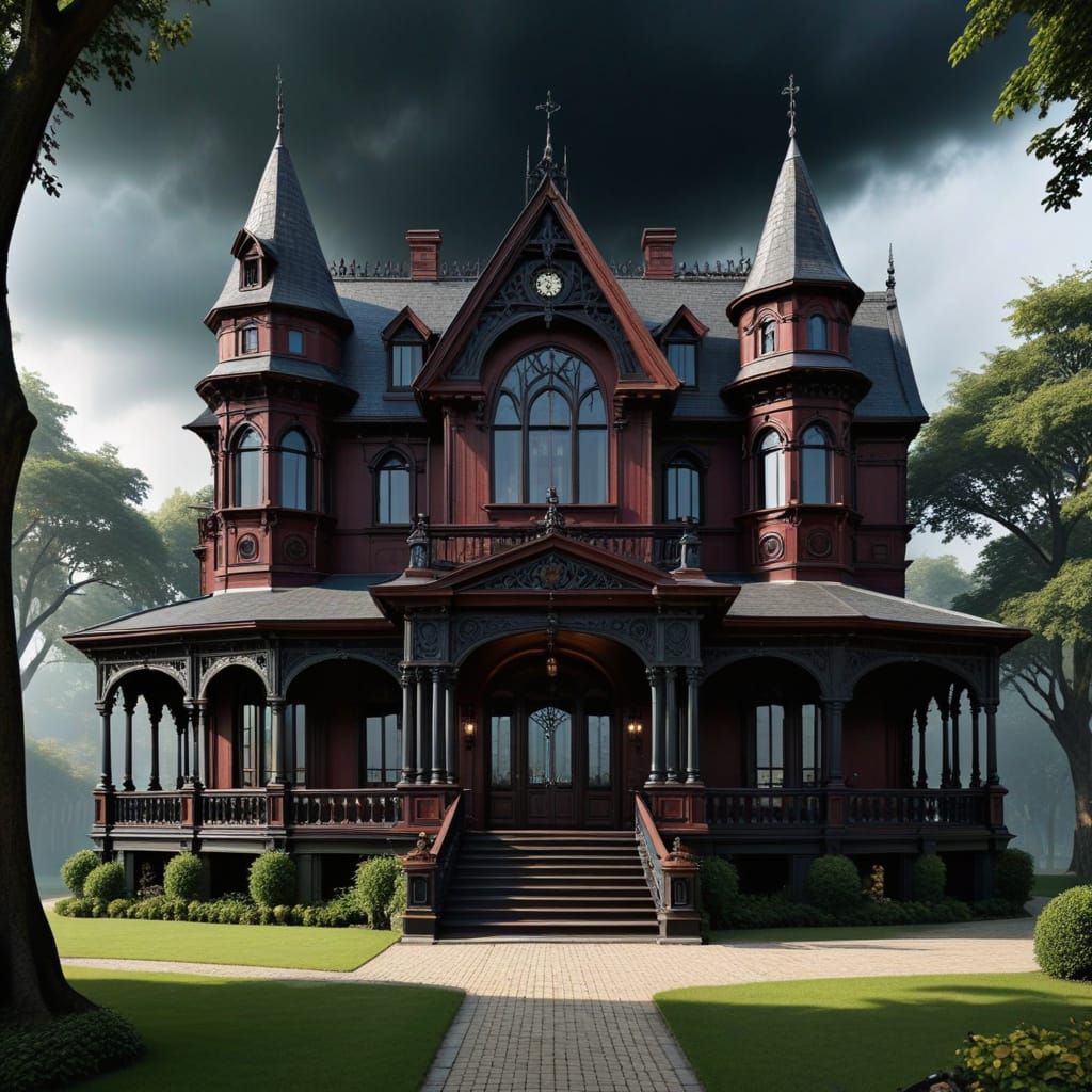 Gothic Fantasy Mansion with Wooden Accents