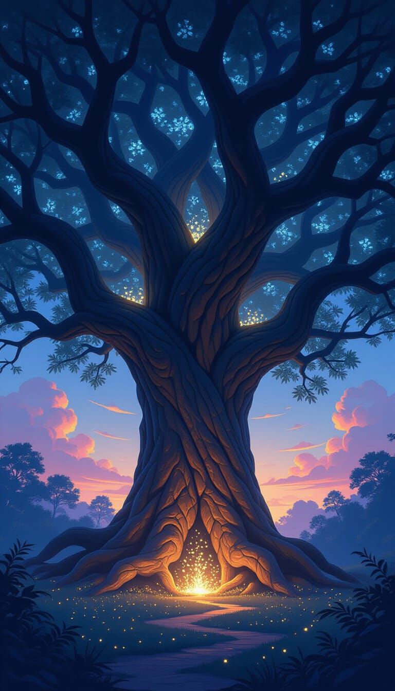 Ancient Tree Silhouetted Against Twilight Sky