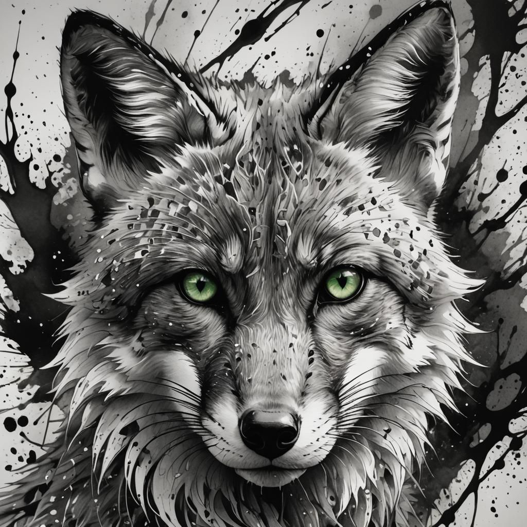 Detailed Grayscale Fox in Pen and Ink