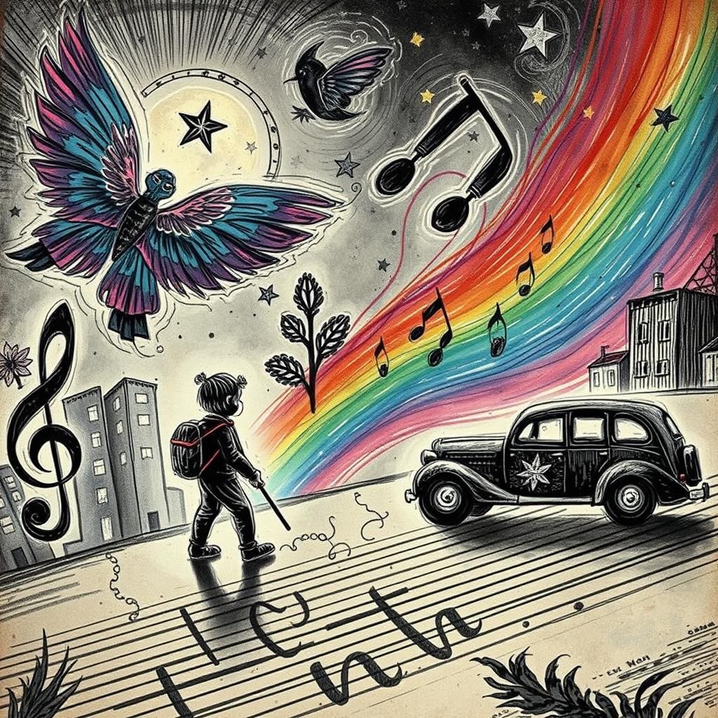 Whimsical Crayon Cityscape Under Cosmic Sky