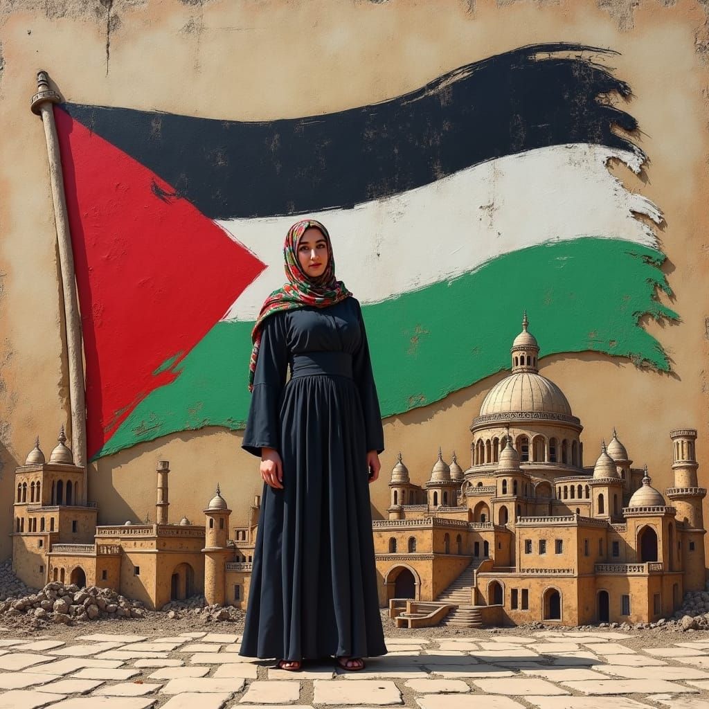 Palestinian Woman Reclaiming Homeland with Flag