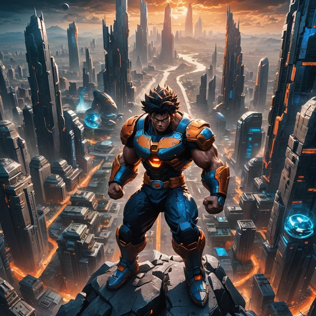 Futuristic Warrior in Sci-Fi Metropolis