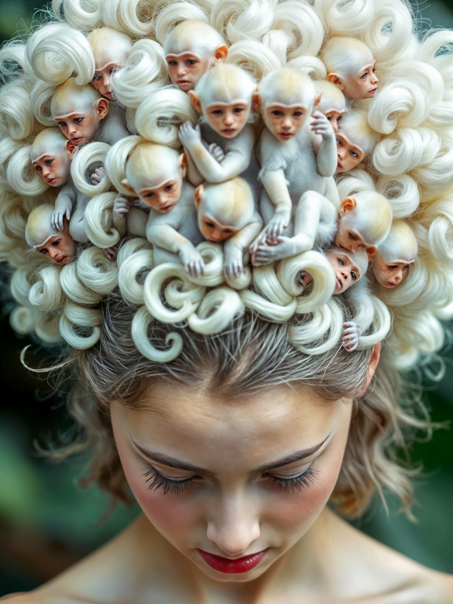 Monkeys Hide in Woman's White Hair Updo