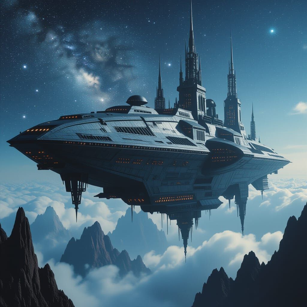 Gothic Interstellar Ship Drifting Through the Cosmos