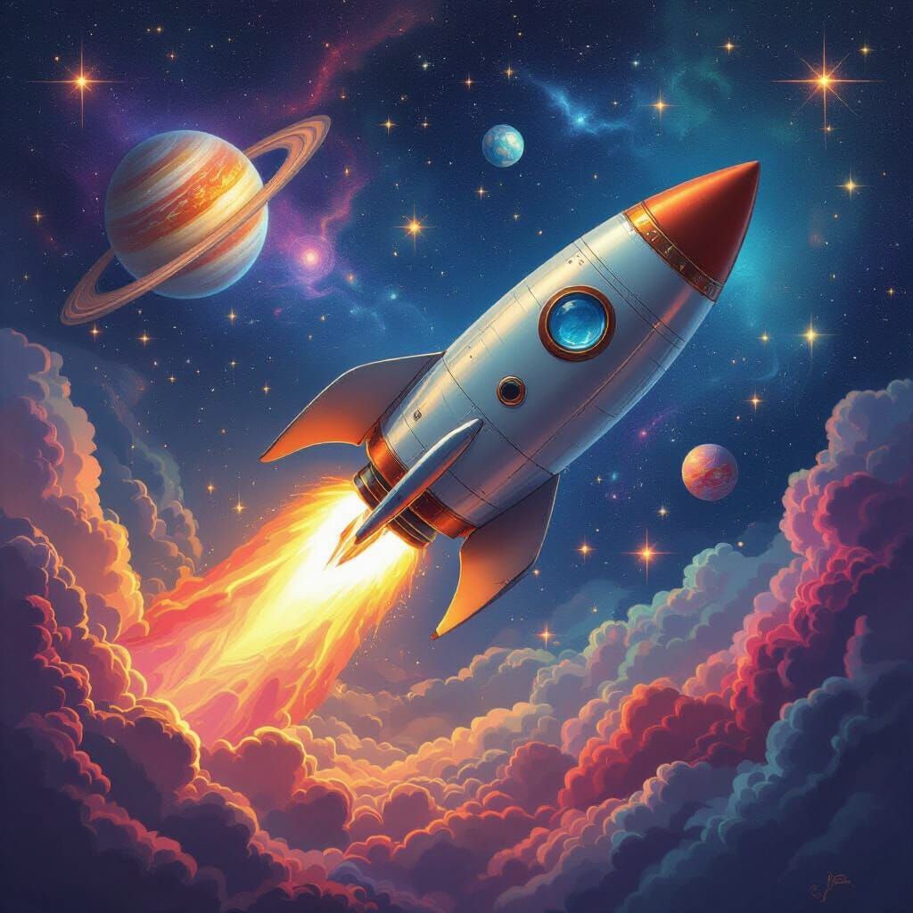 Marvellous rocket ship blasting off into a vibrant cosmic sky.