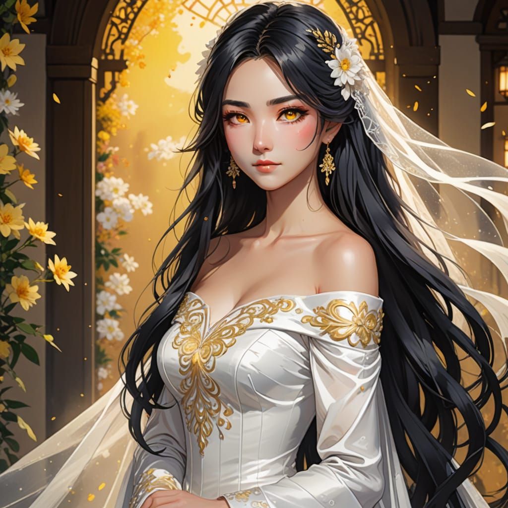 Elegant Anime Woman in White Wedding Dress