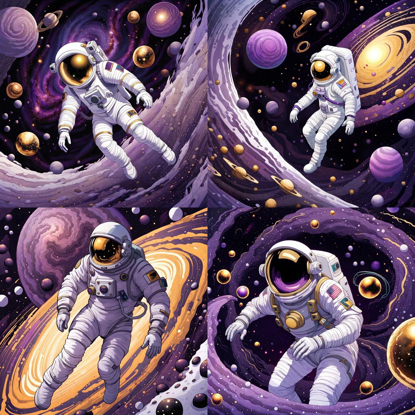 Astronaut Drifting in Swirling Galaxies