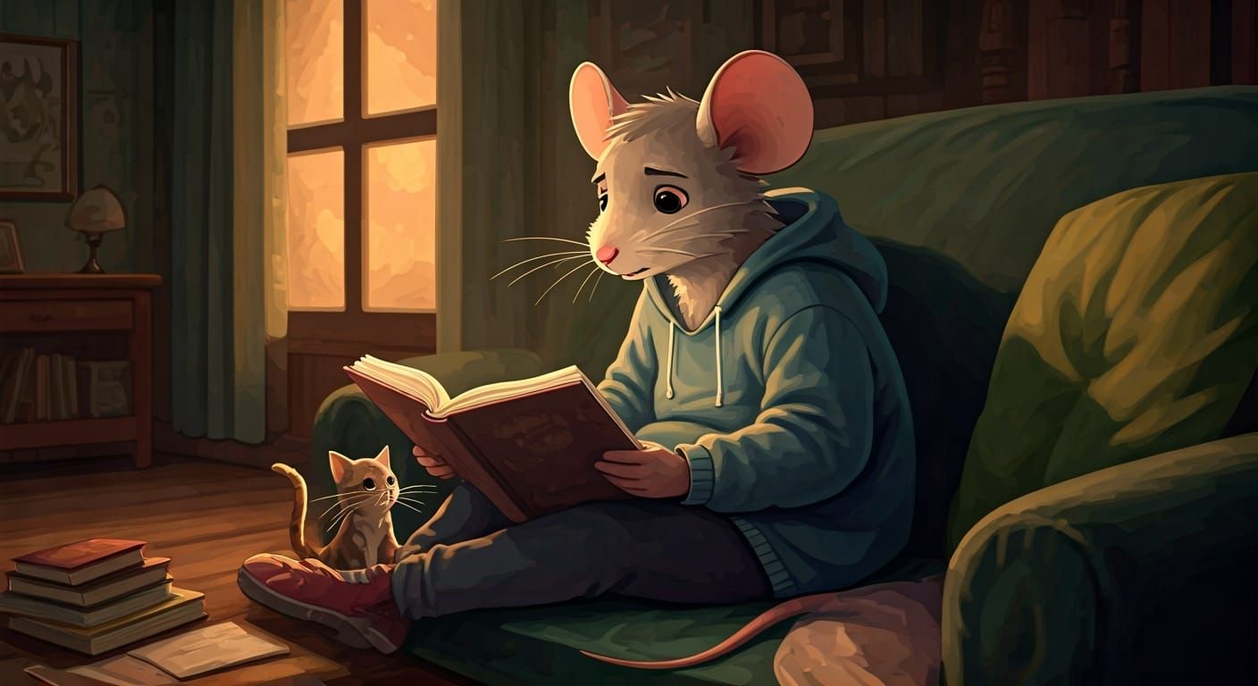 Introverted Mouse Reading with Cat, 2D Cartoon