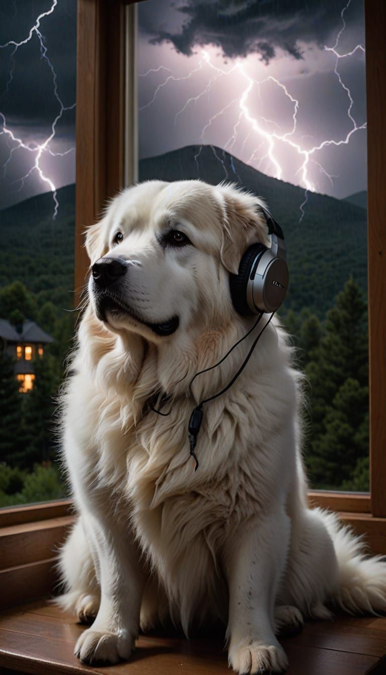 Great Pyrenees in Storm with Noise Canceling Headphones