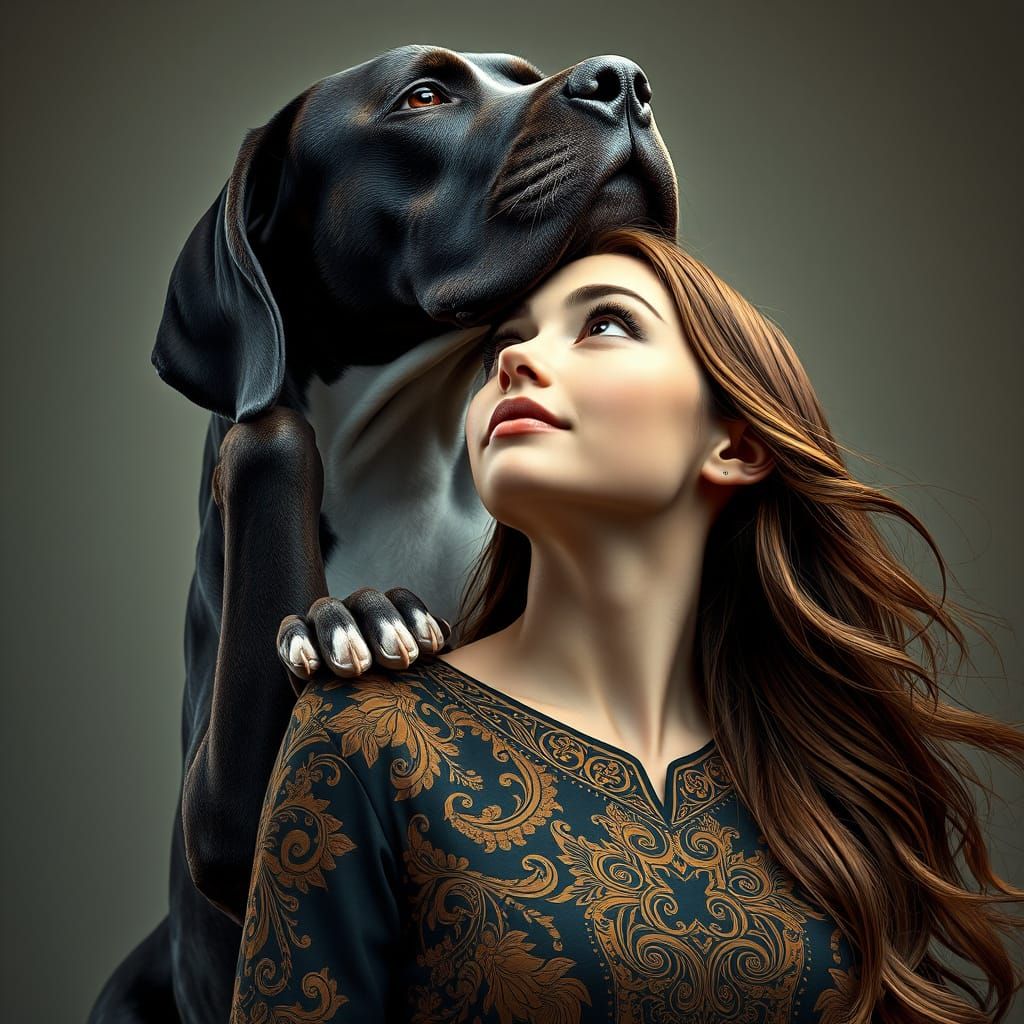 Great Dane Leaps onto Girl with Long Brown Hair in a Whimsic...