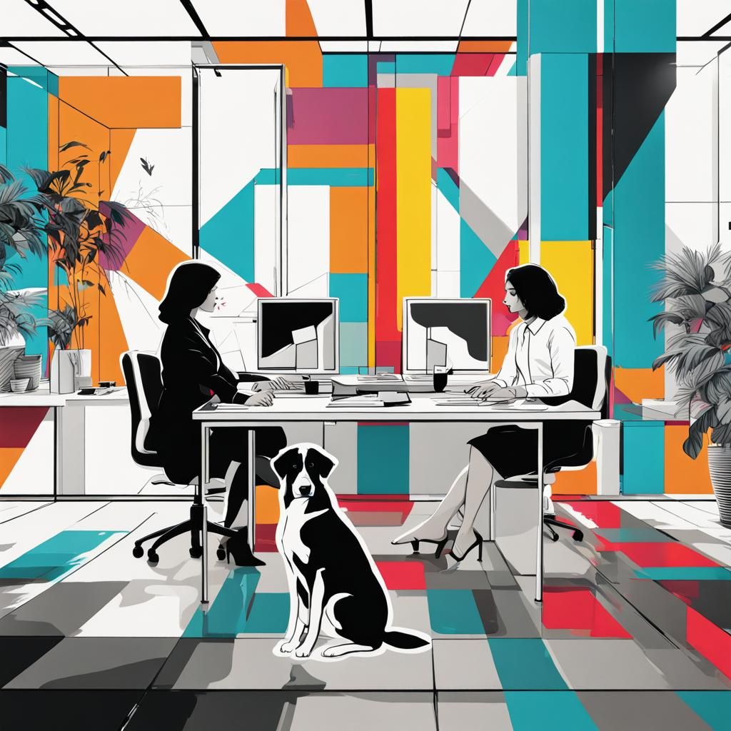 Office Scene with Women and Dog in Pop Art Style
