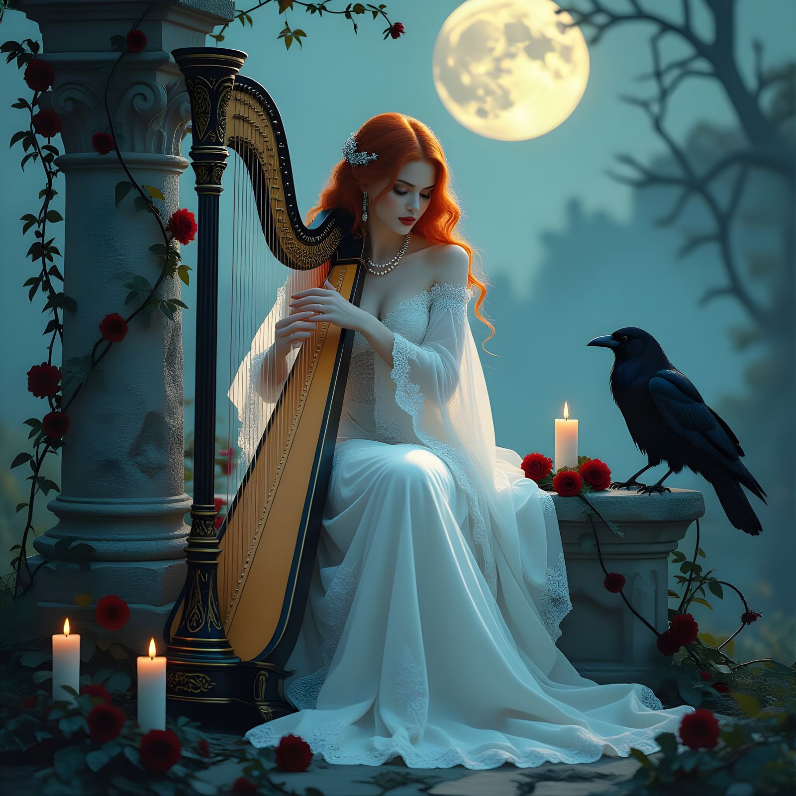 Fiery Haired Woman Plays Harp in Surreal Lunar Glow