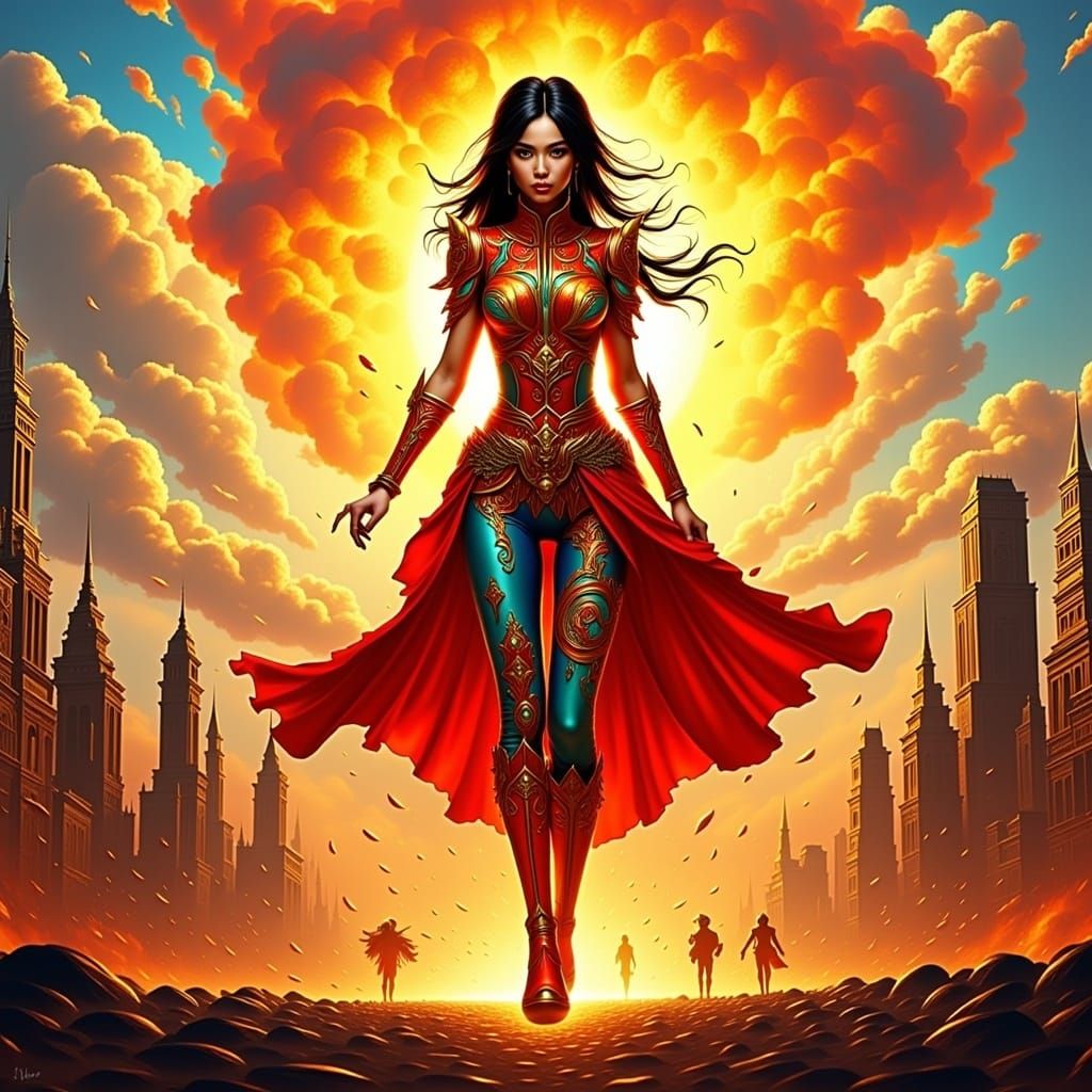 Surreal Anime Goddess Walks Away from Explosion in Vibrant C...