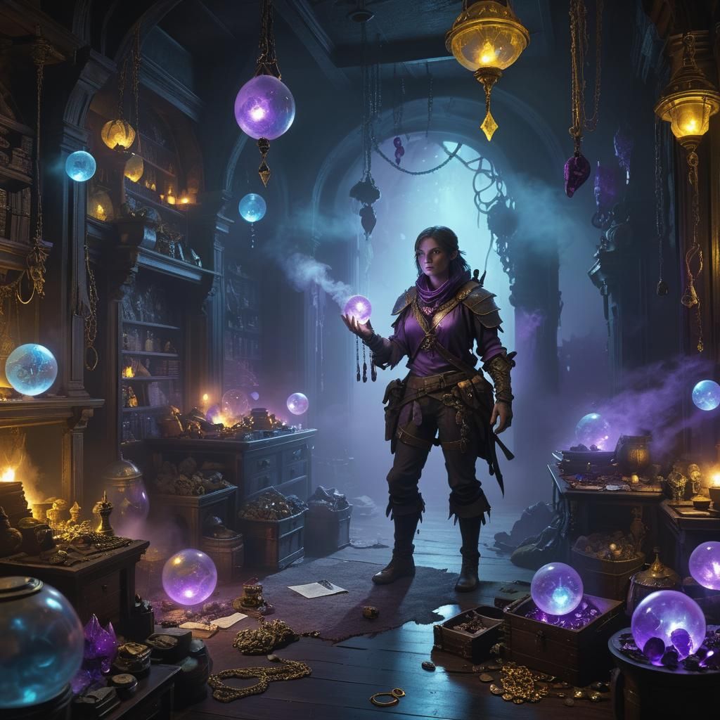 Dark Fantasy Adventurer Surrounded by Bioluminescent Loot